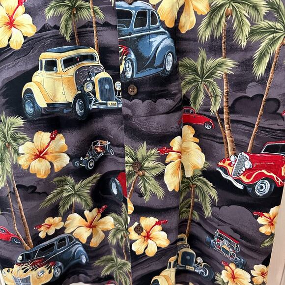 Vintage Hawaiian Shirt RJC Old Timey Cars Size Large Palm Trees Floral Button Up - Picture 8 of 9